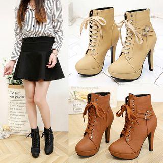Buckled Faux Leather High-heel Short Boots