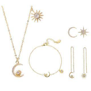 Set: Rhinestone Sun & Moon Pendant Necklace + Bracelet + Threader Earring + Ear Stud Set - Gold - One Size