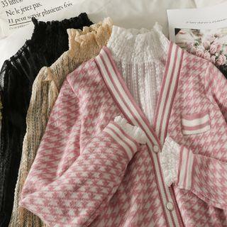 Smocked Mock-neck Sheer Lace Top