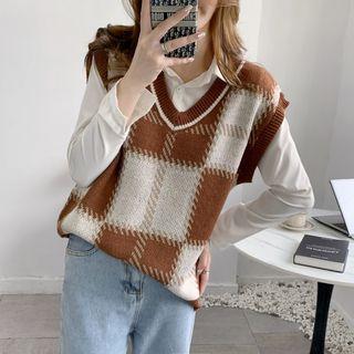 Sleeveless V-neck Plaid Vest