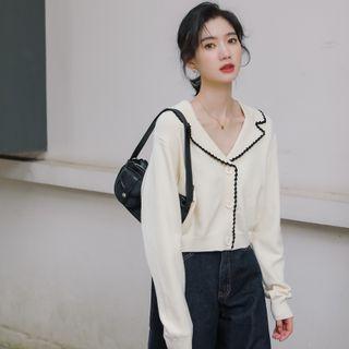 Contrast Trim Collared Cardigan Almond - One Size