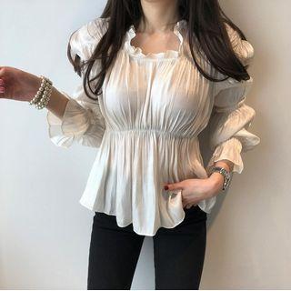 Long-sleeve Crinkled Satin Blouse White - One Size