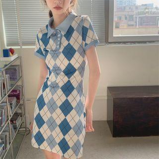 Short-sleeve Argyle Mini Sheath Polo Dress White - One Size