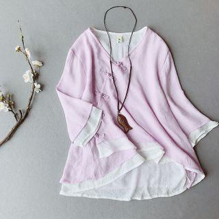 3/4-sleeve Frog-buttoned V-neck Blouse