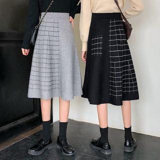 Plaid Panel Midi A-line Knit Skirt