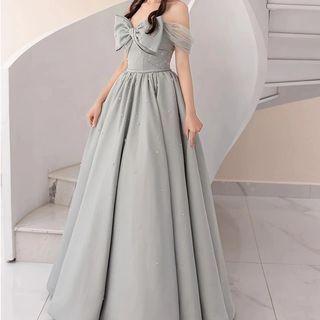 Off-shoulder Faux Pearl Floral A-line Evening Gown