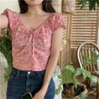 Floral Print Short-sleeve Lace-up Top