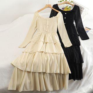 Square-neck Long-sleeve Midi Tiered Dress