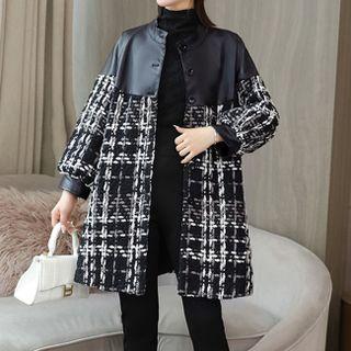 Faux Leather Panel Plaid Coat