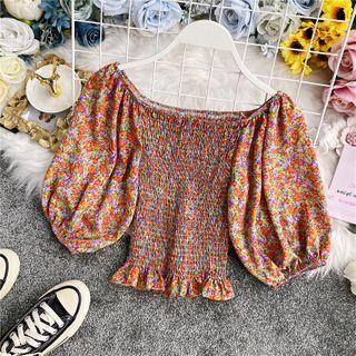 Floral Print Puff-sleeve Smocked Blouse