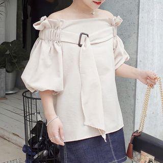 Plain Buckled Off Shoulder Elbow Sleeve Top