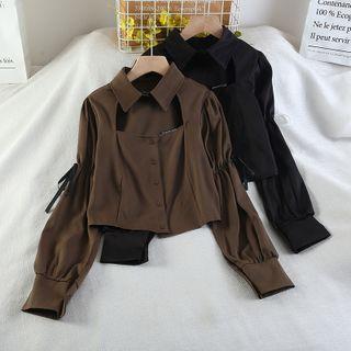 Long-sleeve Collared Cutout Cropped Blouse