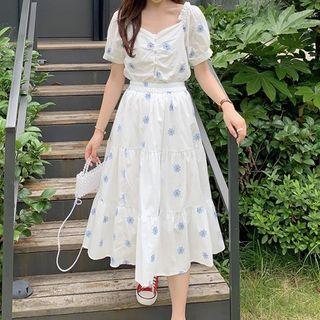 Balloon-sleeve Embroidered Blouse / Midi A-line Dress