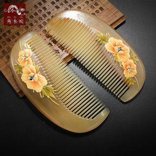 Floral Print Horn Hair Comb Beige - 13cm X 5.5cm X 0.8cm