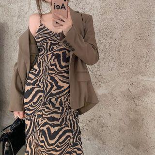 Plain Blazer / Zebra Print Spaghetti Strap Midi Sheath Dress