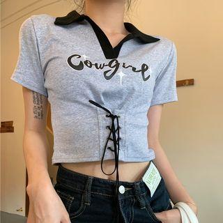 Short-sleeve Lettering Lace-up Polo Top