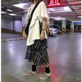 Side Slit Elbow-sleeve T-shirt / Plaid Midi Tiered Skirt