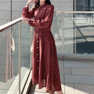 Long-sleeve Dotted Midi Shirtdress