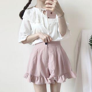 Lace-up Elbow-sleeve Top / Ruffle Hem Plaid Shorts