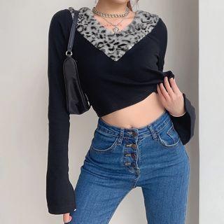 Long-sleeve Leopard Print Trim T-shirt
