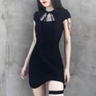 Short-sleeve Asymmetrical Tie-neck Mini Sheath Dress