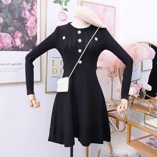 Rhinestone-button Knit A-line Dress