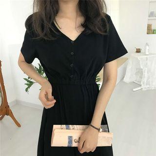 Short-sleeve Buttoned A-line Dress Black - One Size