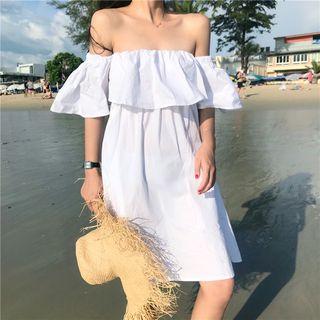 Frilled Elbow-sleeve Off-shoulder A-line Dress