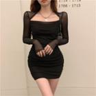 Long-sleeve Square-neck Plain Mesh Dress