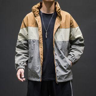 Stand Collar Color Block Zip Hooded Jacket