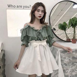 Elbow-sleeve Cold Shoulder Top / A-line Mini Skirt