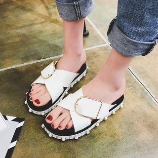 Cross Strap Faux Pearl Slide Sandals