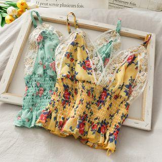 Lace-trim Smocked-waist Floral Top