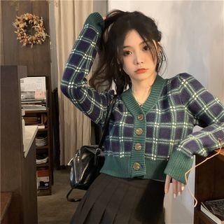 Plaid Cardigan Plaid - Navy Blue & Green - One Size