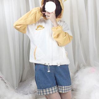 Dog Print Short-sleeve T-shirt / Denim Jumper Shorts / Color Block Hooded Zip Jacket