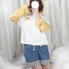 Dog Print Short-sleeve T-shirt / Denim Jumper Shorts / Color Block Hooded Zip Jacket