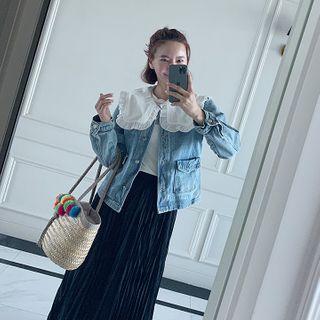 Detachable-collar Denim Jacket Blue - One Size