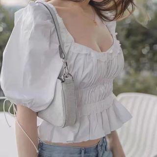 Puff Sleeve Square-neck Ruched Ruffled-hem Crop Top