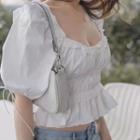 Puff Sleeve Square-neck Ruched Ruffled-hem Crop Top