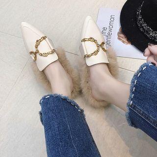 Embellished Pointy-toe Furry Mules