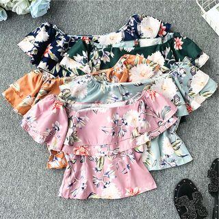 Ruffle-hem Floral Print Off-shoulder Blouse