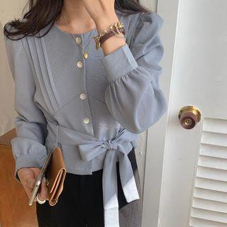 Pintuck Tie-waist Buttoned Blouse