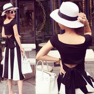 Set: Bow Accent Back Short Sleeve T-shirt + Striped Midi Skirt