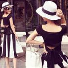 Set: Bow Accent Back Short Sleeve T-shirt + Striped Midi Skirt
