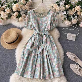 Floral Round-neck Short-sleeve A-line Dress
