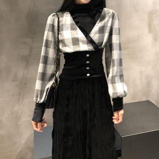 Plaid Long-sleeve Top / High Waist Velvet A-line Skirt