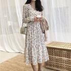 Long-sleeve Floral V-neck Midi Chiffon Dress