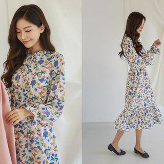 Frill-collar Tie-neck Floral Long Dress