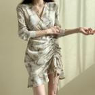3/4-sleeve Print V-neck Mini Dress Almond - One Size