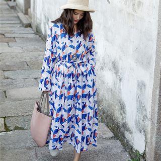 Long Sleeve Patterned Dress Orange & Blue & White - One Size